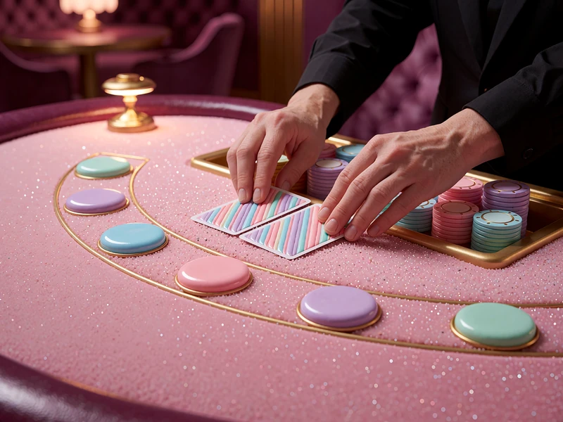 Dłonie krupiera w czarnym rękawie przesuwają dwie karty po r&oacute;żowym stole blackjack - styl Blackjack live w Iris Casino