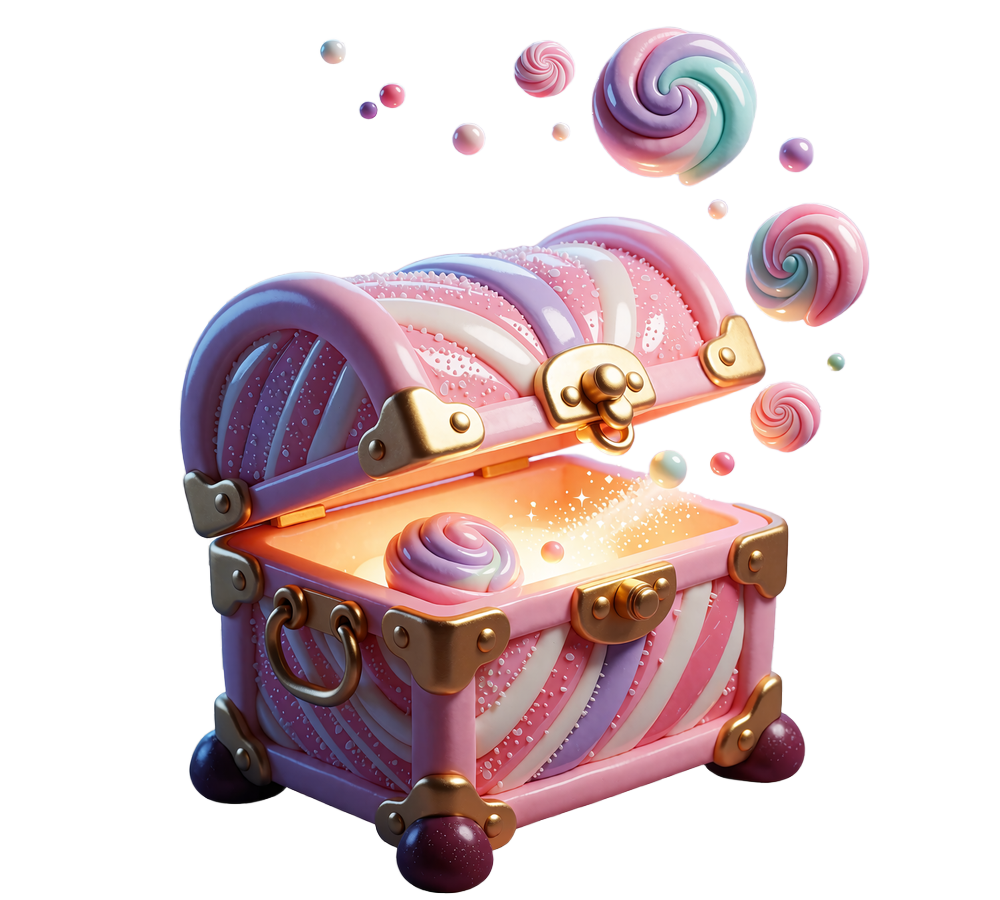 Skrzynia z r&oacute;żowo-białego cukru z p&oacute;łotwartą pokrywą i złotym blaskiem - loot box z Bonus Shop w Iris Casino